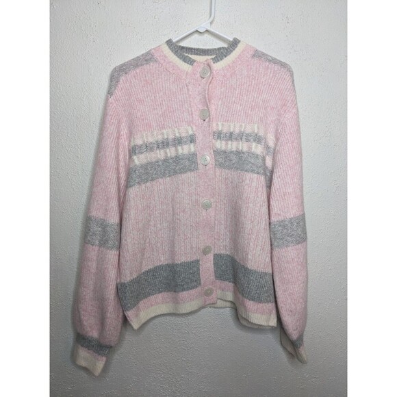 & Other Stories Balloon Sleeve Stripe Wool Blend Button Front Cardigan Sweater L - Picture 1 of 4